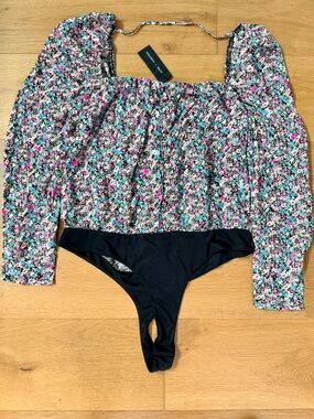 NWT AFRM Nordstrom Bodysuit Ditsy Floral Multi Long Sleeve Crinkle Size Large